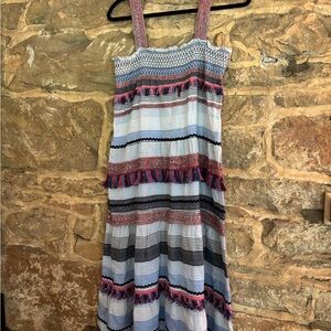 Zara Blue and Red Chambray Tassel Tiered Sleeveless Maxi Sundress